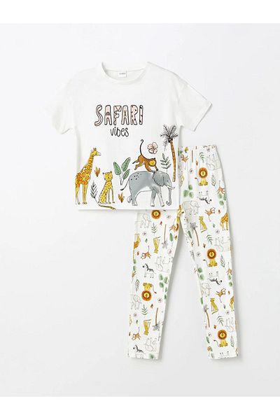 LC Waikiki LCW Kids Girl's Crew Neck Printed Short Sleeve Pajamas Set