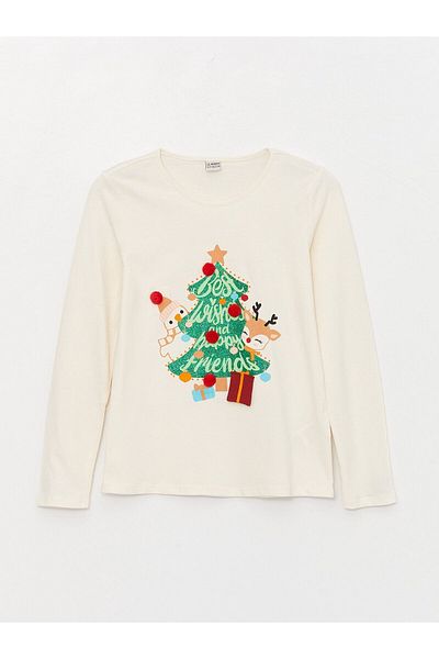 LC Waikiki Dievčenské tričko s dlhým rukávom s novoročným motívom Crew Neck