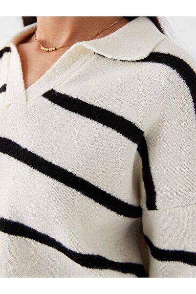 LC Waikiki Pulover de damă supradimensionat cu mânecă lungă în dungi cu gât polo
