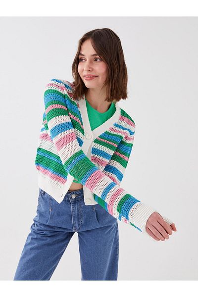 LC Waikiki Long Sleeve V-Neck Striped Women's Knitwear Cardigan