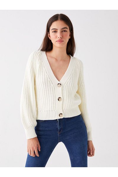 LC Waikiki Long Sleeve V-Neck Patterned Women's Knitwear Cardigan