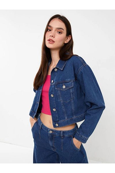 LC Waikiki Guler cămașă drept mânecă lungă Crop Jachetă de damă Jeans Ofstr