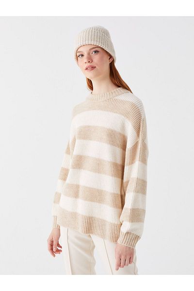 LC Waikiki Langärmliger Damen-Strickpullover mit Rundhalsausschnitt und Farbblockierung