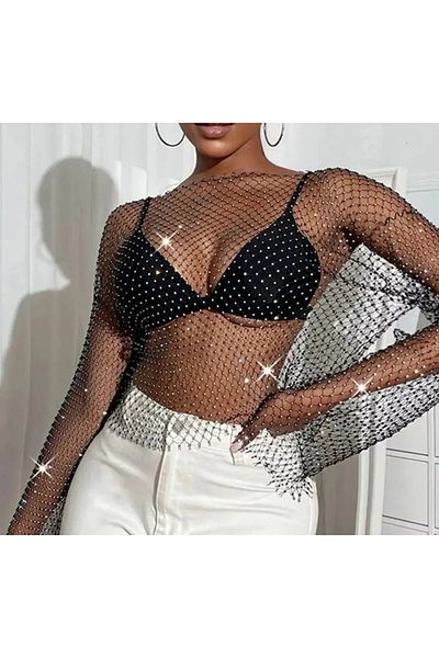 MADWOMAN Crop cu mânecă lungă din plasă neagră Crystal Stone pentru femei, crop strălucitor