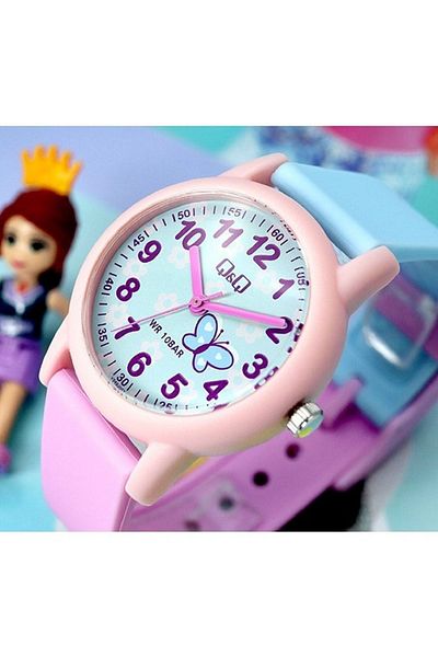 Q&Q Powder Butterfly Patterned Waterproof Girl's Wristwatch with Numbers