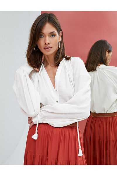 Koton Balloon Sleeve Blouse Buttoned Tassel Detailed Tied Collar