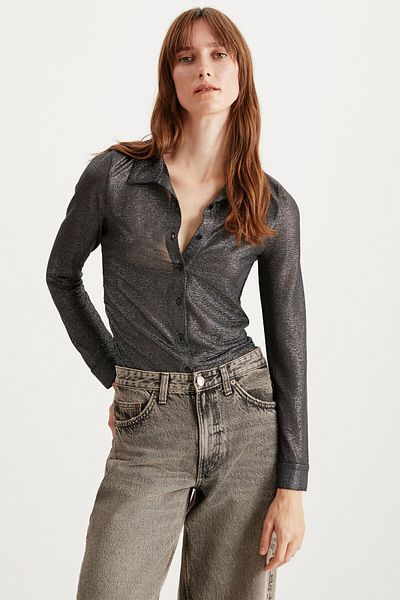 GRIMELANGE Cămașă neagră Bettıe - Slim Fit și țesătură strălucitoare