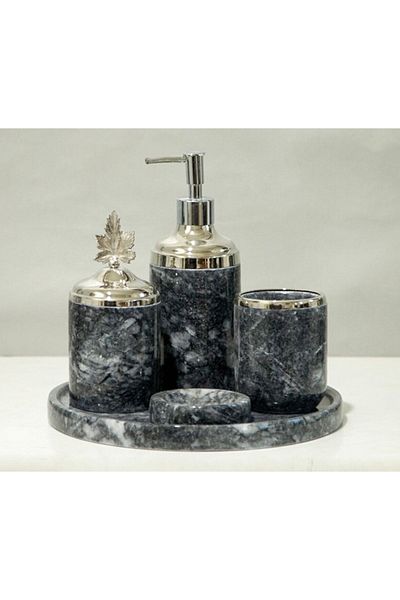 ege gross Decorative Dark Gray Gray Marble Silver Leaf Detailed 5 Piece Bathroom Set Set