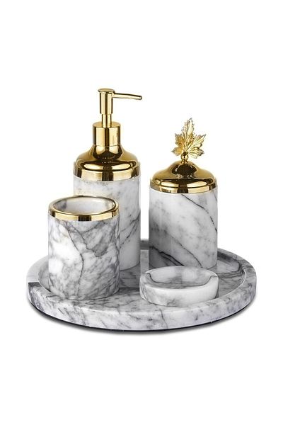 ege gross Decorative Lilac Marble Gold Leaf Detailed 5 Piece Bathroom Set Set