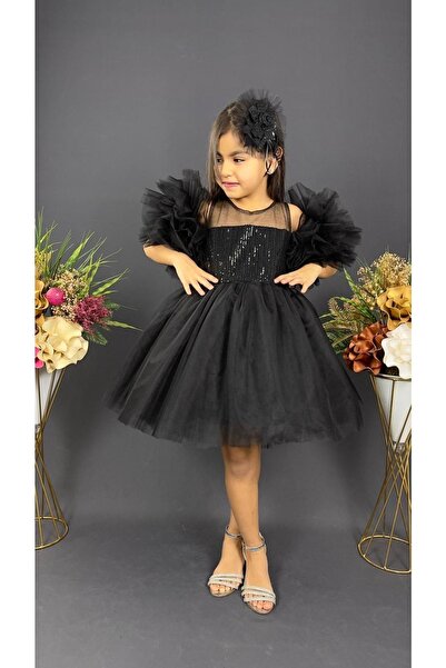 Genel Markalar Kız Çocuk Ponponlu Tokalı Pul Payet Abiye Elbise