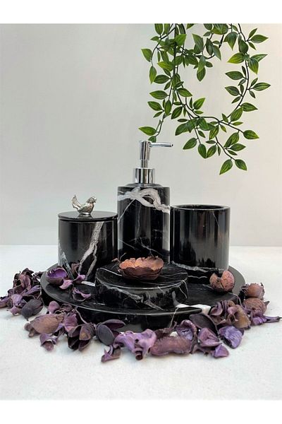 ege gross Decorative Black Marble Silver Bird Detailed 5 Piece Bathroom Set Set