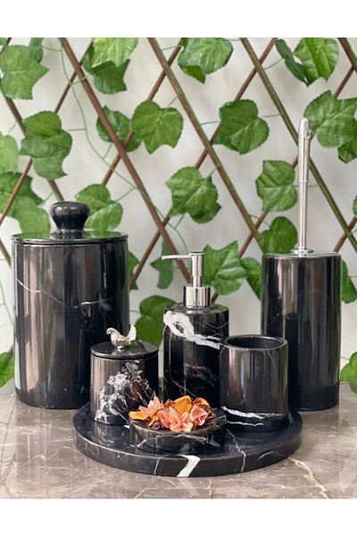 ege gross Decorative Black Marble Silver Bird Detailed 7-Piece Bathroom Set