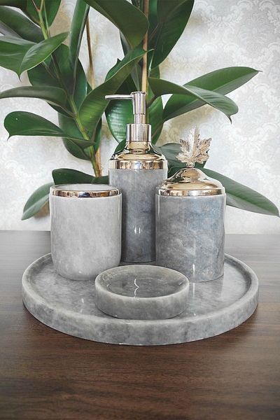 ege gross Decorative Gray Marble Silver Leaf Detailed 5 Piece Bathroom Set Set