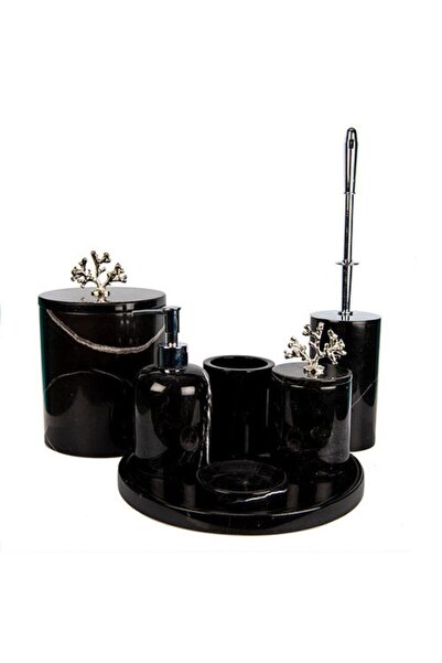 ege gross Dekoratif Siyah Mermer Sılver Mercan Detaylı 7li Banyo Seti Takımı