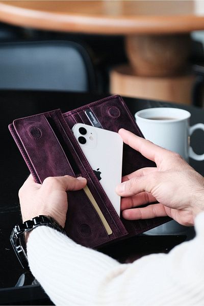 Louise Motto Alba - Portofel din piele cu compartiment pentru telefon - Portofel lung din piele naturala cu compartiment pentru telefon - Femei - Prune