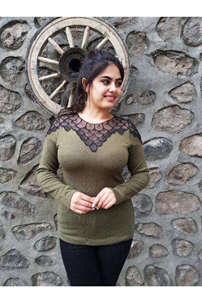 FERGAN بدلة نسائية مرسيريزد بتفاصيل كتف من التول باللون الكاكي