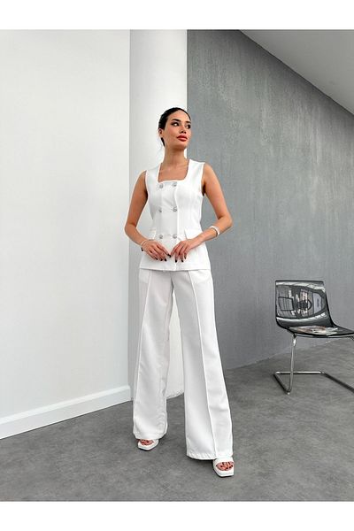 buqre's moda Square Collar Stone Buttoned Vest Trousers Double Breasted Set