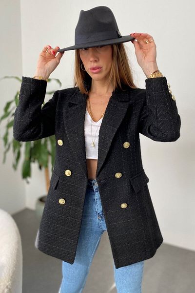 buqre's moda Jachetă din tweed pentru femei, cu nasturi aurii
