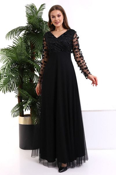 Fasmia Black 3D Daisy Boat Neck Kiloş Dress F115