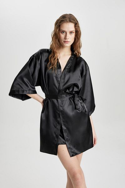 DeFacto V-Neck Satin Long Sleeve Dressing Gown - Regular Fit C2153AX24SP