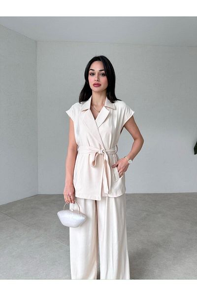 buqre's moda Γυναικείο γιλέκο με ζώνη Palazzo Παντελόνι Διπλό Σετ