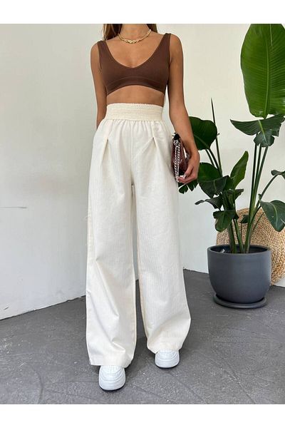 buqre's moda Women's High Waist Rubber Detailed Linen Wide Leg Pants Cream
