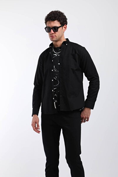 Keep Out Men's Long Sleeve Plain Shirt with Pockets Black