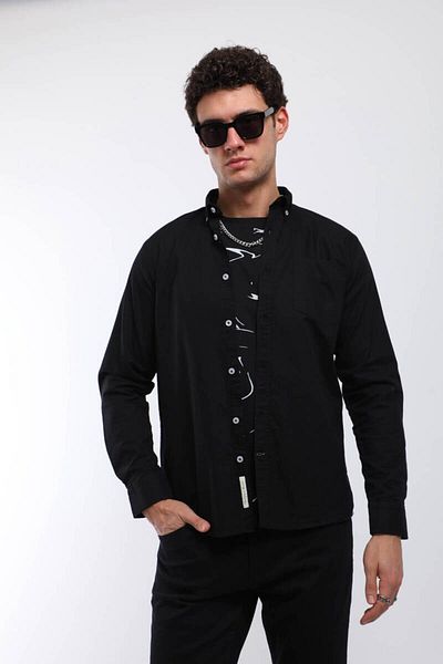 Keep Out Men's Long Sleeve Plain Shirt with Pockets Black