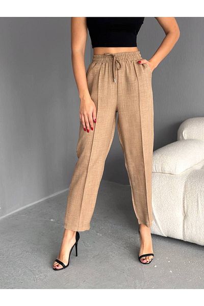 buqre's moda Ankle Length Linen Trousers with Elastic Waist Laces and Grass Detail