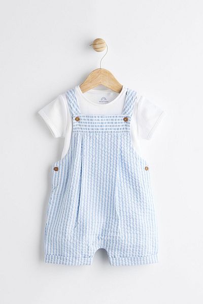 Next Baby 100% Cotton Blue Striped Salopet Bodysuit Set
