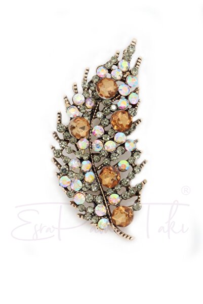 Esra Pamir Kahverengi Kristal Ve Zirkon Taşlı Yaprak Broş