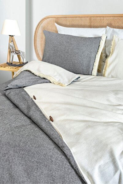 NDC HOME Double Color Tasseled (Anthracite - Cream) Linen Single Duvet Cover Set