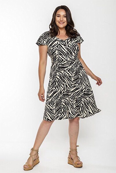 Seamoda Women's Cream V-Neck Zebra Pattern Dress