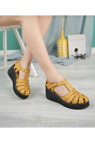 ELF HAKİKİ DERİ DOLGU TOPUK KADIN GÜNLÜK SANDALET