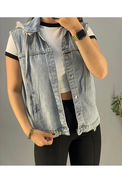 Ekim Store Γκρι γυναικείο τζιν μπουφάν με κουκούλα