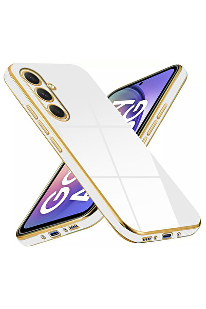 Fibaks Samsung Galaxy M14 Kılıf Parlak Kenarlı Altın Işlemeli Kamera Korumalı Kapak