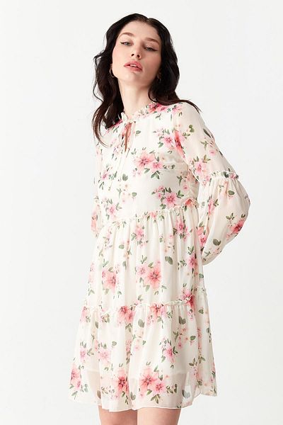 Select Moda Women's White Ruffled Floral Print Chiffon Dress