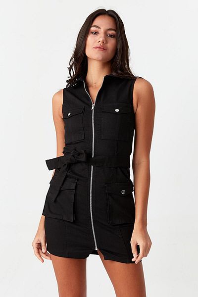 Select Moda Women's Black Sleeveless Zippered Belted Mini Dress