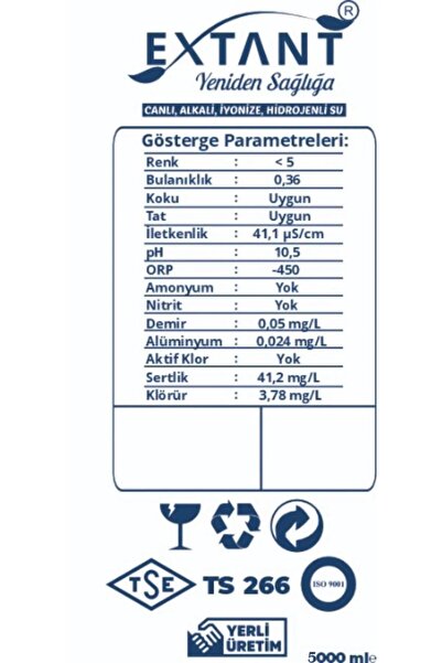 Extant Alkali Iyonize Canlı Su 5 Litre 9,5-10,5ph -130/-180 Orp