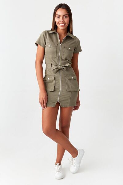 Select Moda Γυναικείο Μίνι Τζιν Φόρεμα Χακί με φερμουάρ