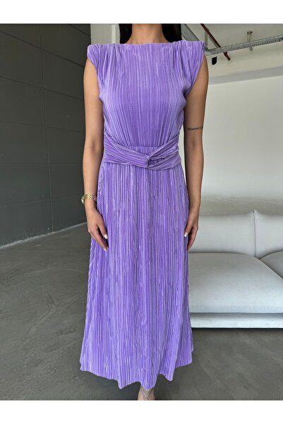 mor butik Lilac Padded Crinkle Dress fly77