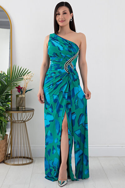 PULLIMM Σατέν βραδινό φόρεμα με έναν ώμο - Λεπτομέρεια από πέτρα, DNS1617