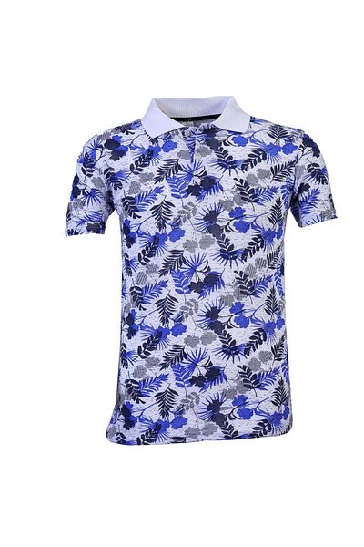 Exve Exclusive Tricou cu mânecă scurtă cu guler polo, albastru bleumarin cu frunze hawaiene - bumbac respirabil