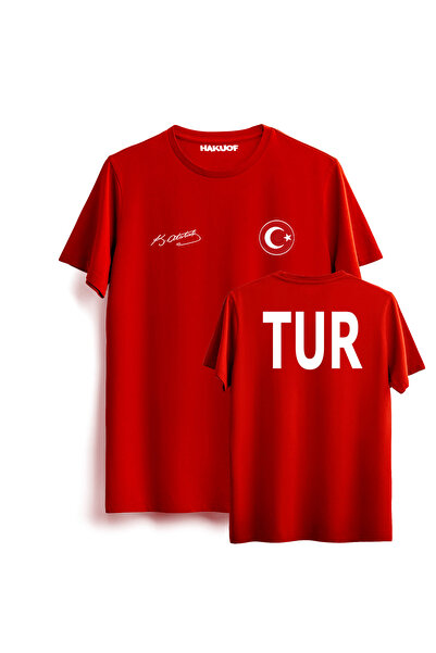 hakuof Türkiye Atatürk İmzalı Özel Tasarım Tişört  (Metalize Türk Bayrağı Ori...