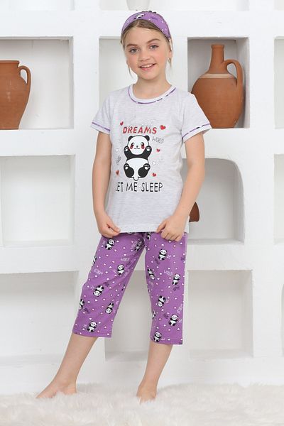 KAPİKİDS Girl's Gray Panda Printed Melage Pajama Set - Crew Neck, Short Sleeve, Eye Patch