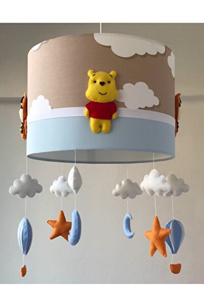 Leobabyroom Winnie The Pooh ve Tigger Karakterli Kahve Bulutlu Mavi Turuncu Kombinli Tasarım Bebek Odası Avize