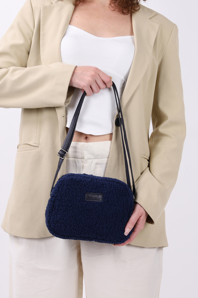 NOTHING Women's Navy Blue Furry Plush Mini Urban Cross Shoulder Bag