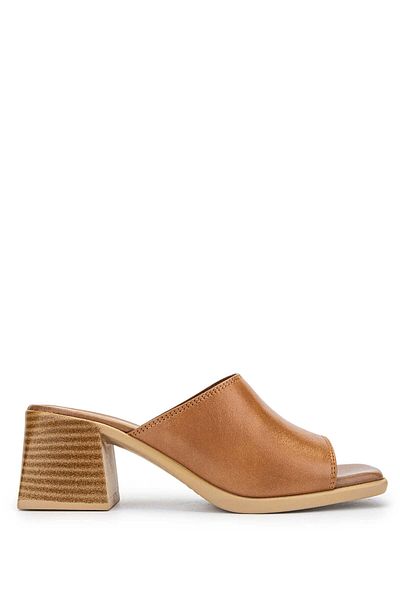 Tamer Tanca Genuine Leather Women's Heeled Slippers - Tan