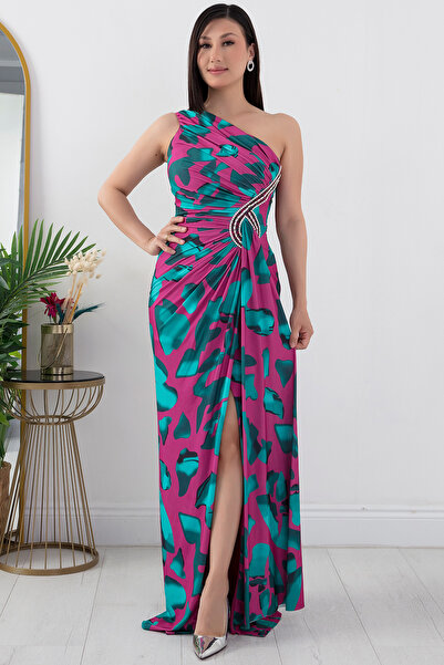 PULLIMM Tek Omuz Taş Detay Saten Abiye Elbise DNS1617