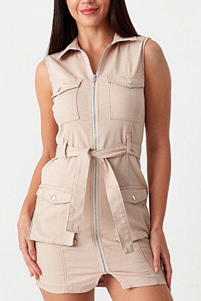 Select Moda Γυναικείο Μίνι Φόρεμα Μπεζ Αμάνικο με Φερμουάρ